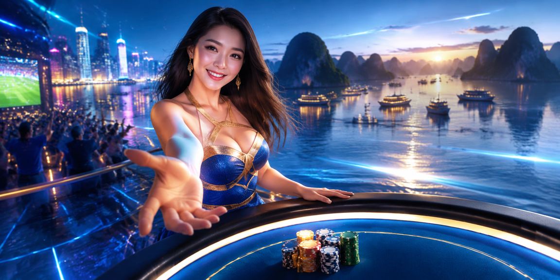 Ánh đèn neon casino baccarat lung linh phản chiếu trên vịnh Hạ Long về đêm